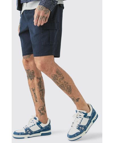 BoohooMAN Tall Elastic Waist Navy Slim Fit Cargo Shorts - Blue