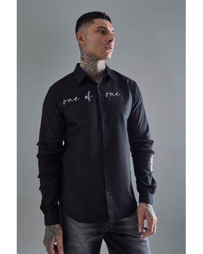 BoohooMAN Tall Longsleeve One Of One Embroidered Shirt - Grey