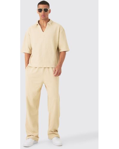 BoohooMAN Oversized Boxy Half Sleeve V Neck Polo And Trousers Set - Natural