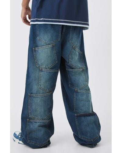 BoohooMAN Extreme Baggy Rigid Multi Pocket Denim Jean In Antique Wash - Blue
