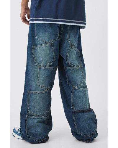 BoohooMAN Extreme Baggy Rigid Multi Pocket Denim Jean In Antique Wash - Blau