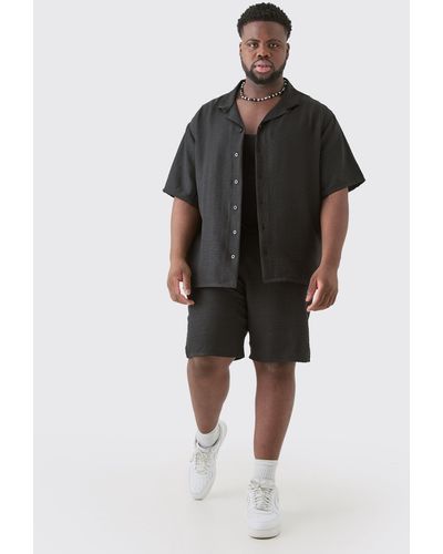 BoohooMAN Plus Short Sleeve Drop Revere Linen Shirt & Short Set In Black