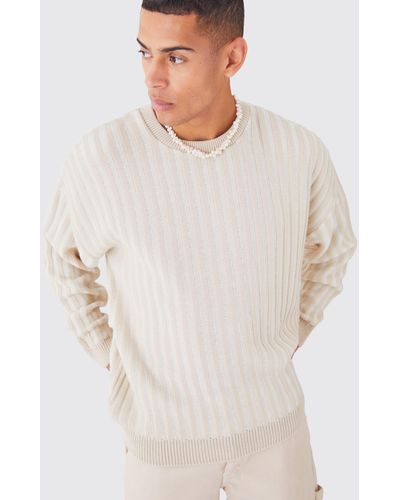 Boohoo Oversized Crew Neck Two Tone Rib Knitted Sweater - White