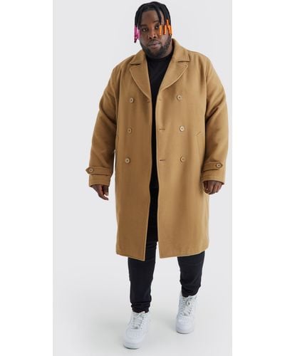 BoohooMAN Plus Double Breasted Wool Look Overcoat - Natural