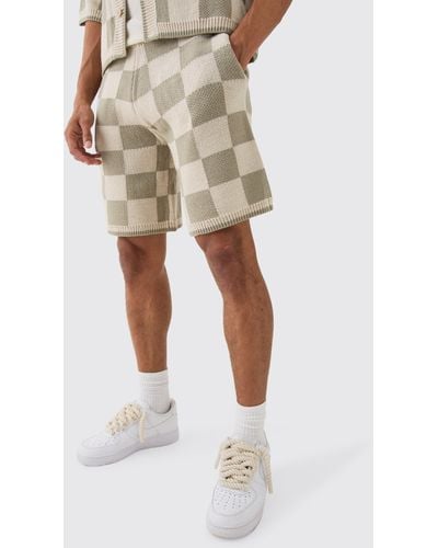 BoohooMAN Relaxed Mid Length Check Knitted Short - Natur