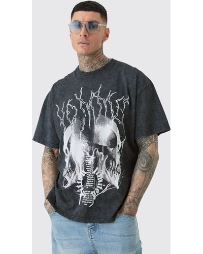 BoohooMAN Tall Distressed Oversized Acid Wash Gothic Print T-shirt - Grey