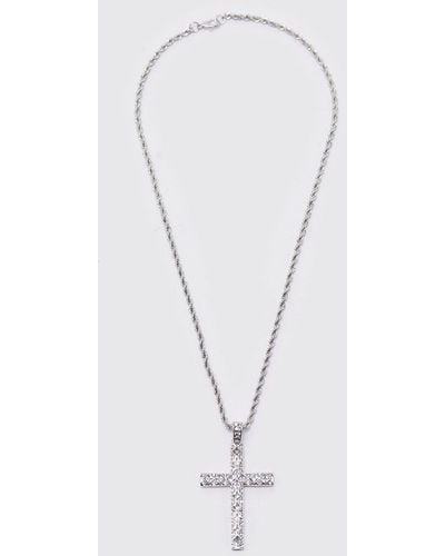 BoohooMAN Iced Crystal Cross Necklace With Gift Bag - White