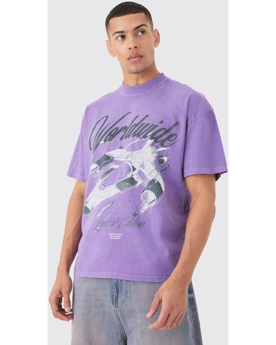 BoohooMAN Oversized Spaceship Graphic Wash T-shirt - Purple