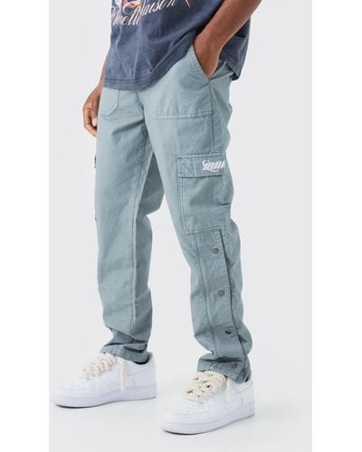 BoohooMAN Straight Leg Cargo Popper Hem Ripstop Branded Trouser - Blue