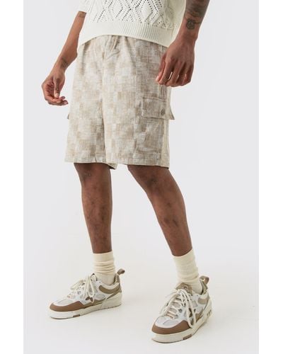 BoohooMAN Tall Elasticated Waist Textured Cargo Short In Stone - Natural