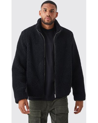 BoohooMAN Tall Borg Funnel Neck Jacket In Black
