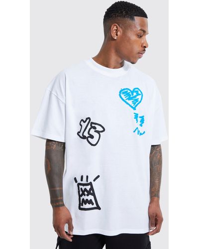 BoohooMAN Oversize T-Shirt mit Graifitti-Print - Weiß