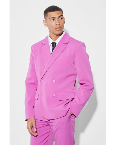 BoohooMAN Slim Double Breasted Crinkle Suit Jacket - Pink