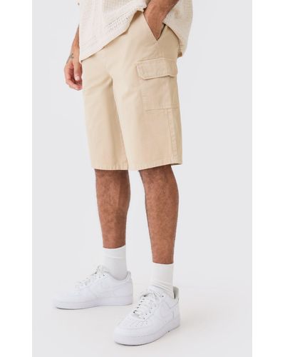 BoohooMAN Longer Length Relaxed Fit Elasticated Waist Cargo Shorts - Natural