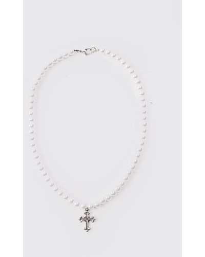 BoohooMAN Pearl Necklace With Cross Pendant In Silver - White