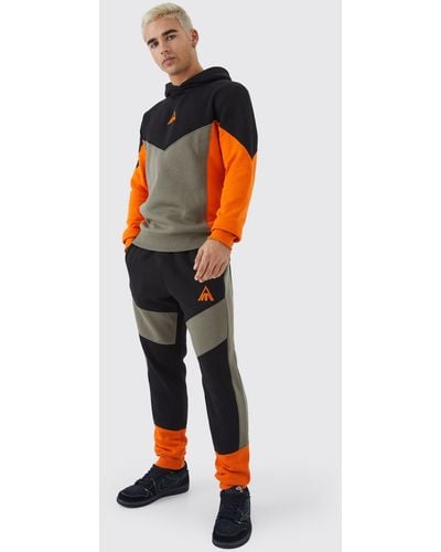 BoohooMAN Man Slim Fit Color Block Hooded Tracksuit - Orange
