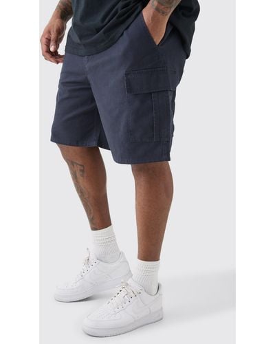 BoohooMAN Plus Elastic Waist Navy Relaxed Fit Cargo Shorts - Blau
