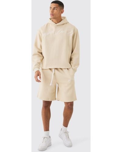 BoohooMAN Oversized Boxy Embroided Short Tracksuit - Natural