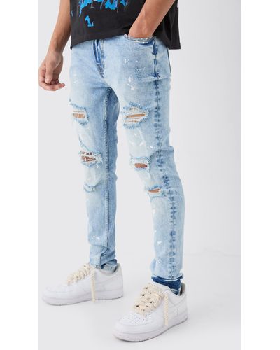Boohoo Skinny Stretch Paint Splatter Ripped Jeans - Blue