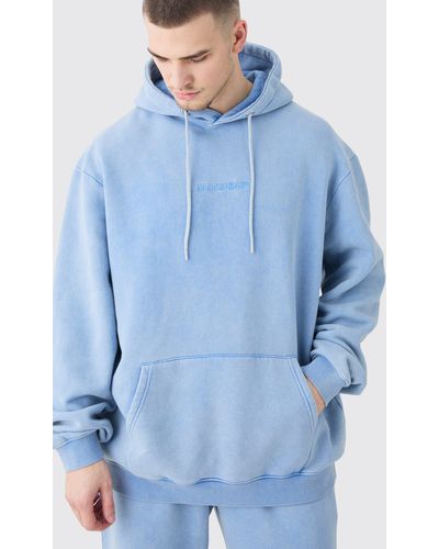 BoohooMAN Tall Oversized Official Acid Wash Hoodie - Blue
