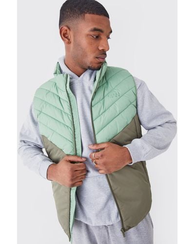 BoohooMAN Tall Man Colour Block Quilted Funnel Neck Gilet - Green