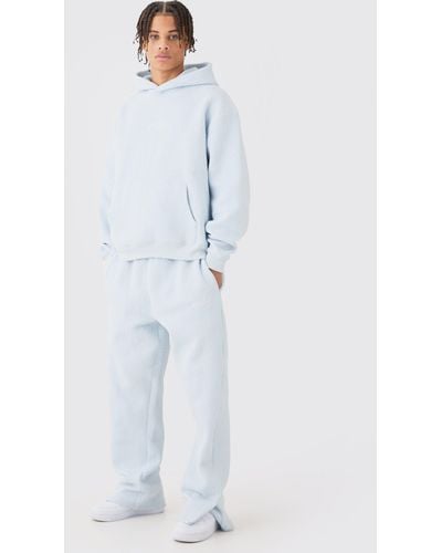 BoohooMAN Oversized Boxy Jacquard Quilted Embroided Hooded Tracksuit - Blue