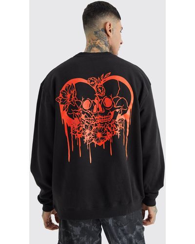 BoohooMAN Tall Oversized Skull Heart Graphic Extended Neck Sweatshirt - Red