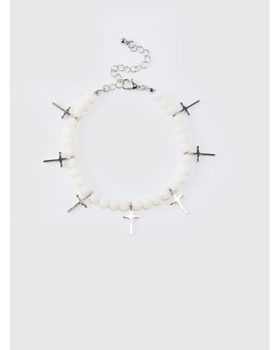 BoohooMAN Pearl Cross Pendant Bracelet In White - Blue