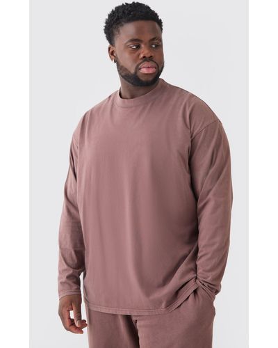 BoohooMAN Plus Oversized Extended Neck Acid Wash Long Sleeve T-shirt - Brown