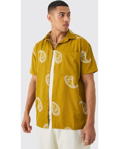 BoohooMAN Oversized Soft Twill Paisley Embroidered Shirt - Yellow