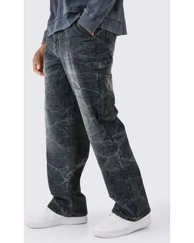 BoohooMAN Baggy Rigid Carpenter Crinkle Denim Jeans In Washed Black - Grey