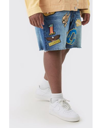 BoohooMAN Plus Marble Effect Applique Relaxed Fit Short - Blue
