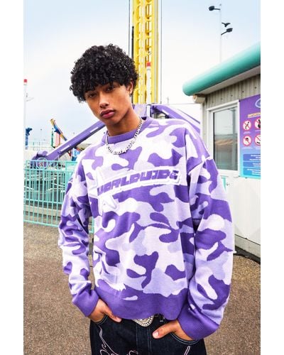 BoohooMAN Boxy Oversized Camo Print Knitted Sweater - Purple