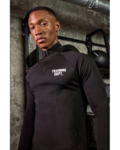 BoohooMAN Active Training Dept Muscle Fit Perforated Quarter Zip Top - Black