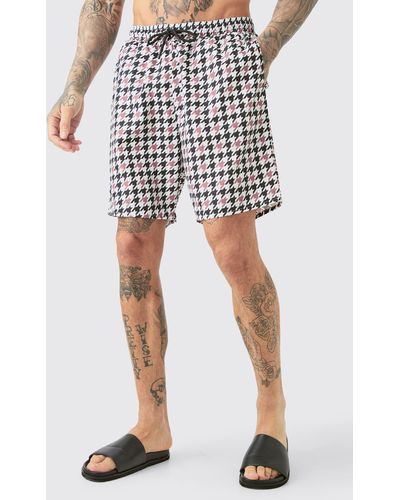 BoohooMAN Tall Houndstooth Flanneled Printed Trunkss - White