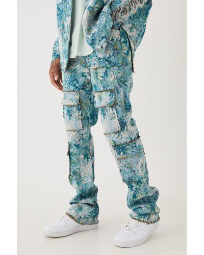 BoohooMAN Tapestry Stacked Flared Cargo Trousers - Blue