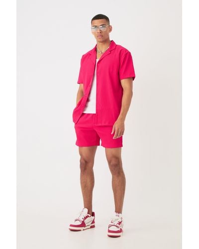 BoohooMAN Short Sleeve Oversized Lightweight Pleat Shirt & Short Set - Pink