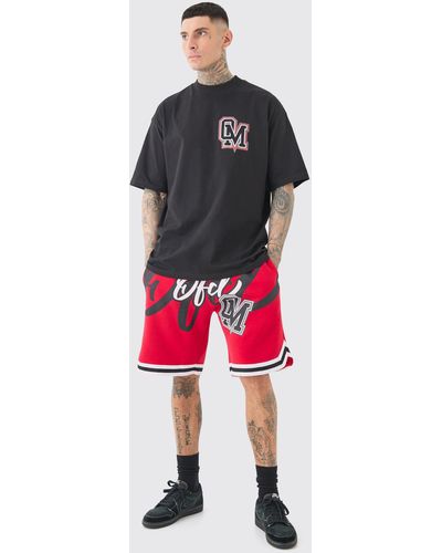 BoohooMAN Tall Oversized Ofcl Basketball Tee & Short Set - Red