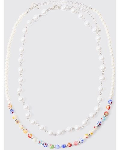 BoohooMAN Pearl And Bead Necklace In Multi - White