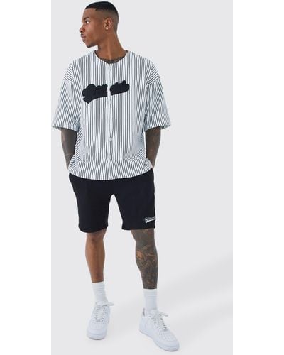 BoohooMAN Oversized Pinstripe Baseball Shirt & Short Set - Gray