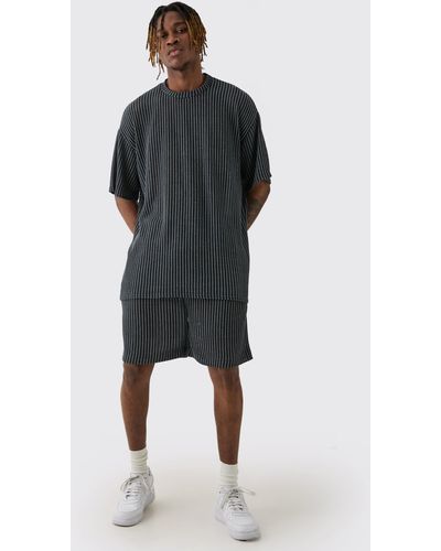 BoohooMAN Tall Crochet Rib T-shirt & Short Set - Black
