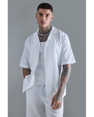 BoohooMAN Tall Linen Drop Revere Shirt In White - Grau