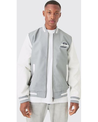 BoohooMAN Pu Badge Varsity Jacket - Grey