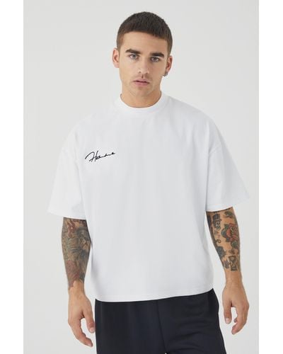 BoohooMAN Oversized Boxy Heavyweight Peached Embroidered T-shirt - White