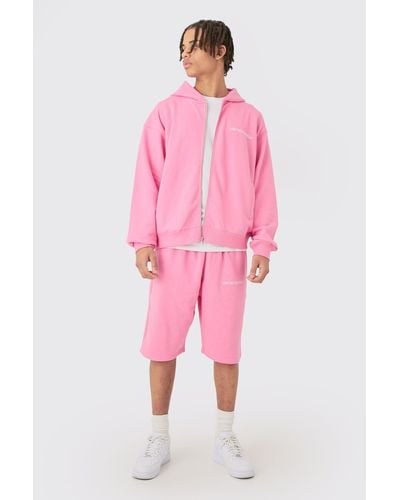 BoohooMAN Oversized Boxy Zip Through Hooded Short Tracksuit - Pink
