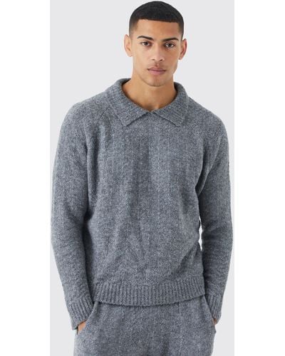 BoohooMAN Oversize Pullover mit Fischgräten-Kragen und Trichterkragen - Grau