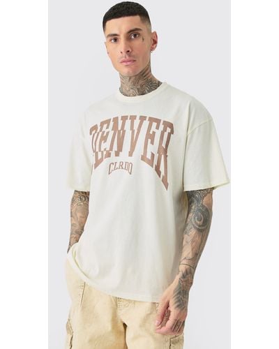 BoohooMAN Tall Distressed Oversized Acid Wash Denver Varsity T-shirt - Natural