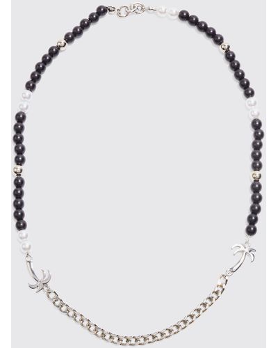 BoohooMAN Palm Tree Charm Pearl Chain Necklace - Weiß