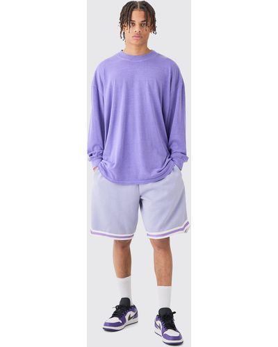 BoohooMAN Oversized Mid Length Jersey Tape Basketball Short - Purple