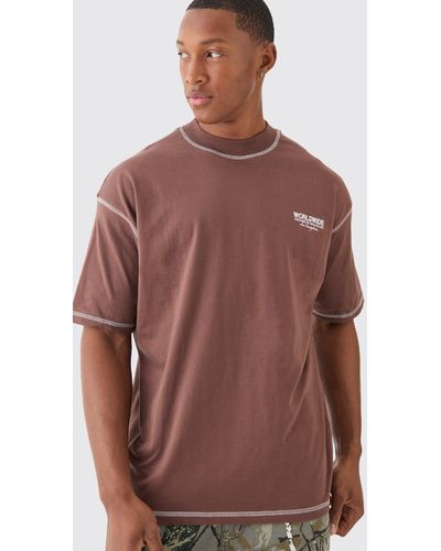BoohooMAN Oversized Worldwide Contrast Stitch T-shirt - Brown